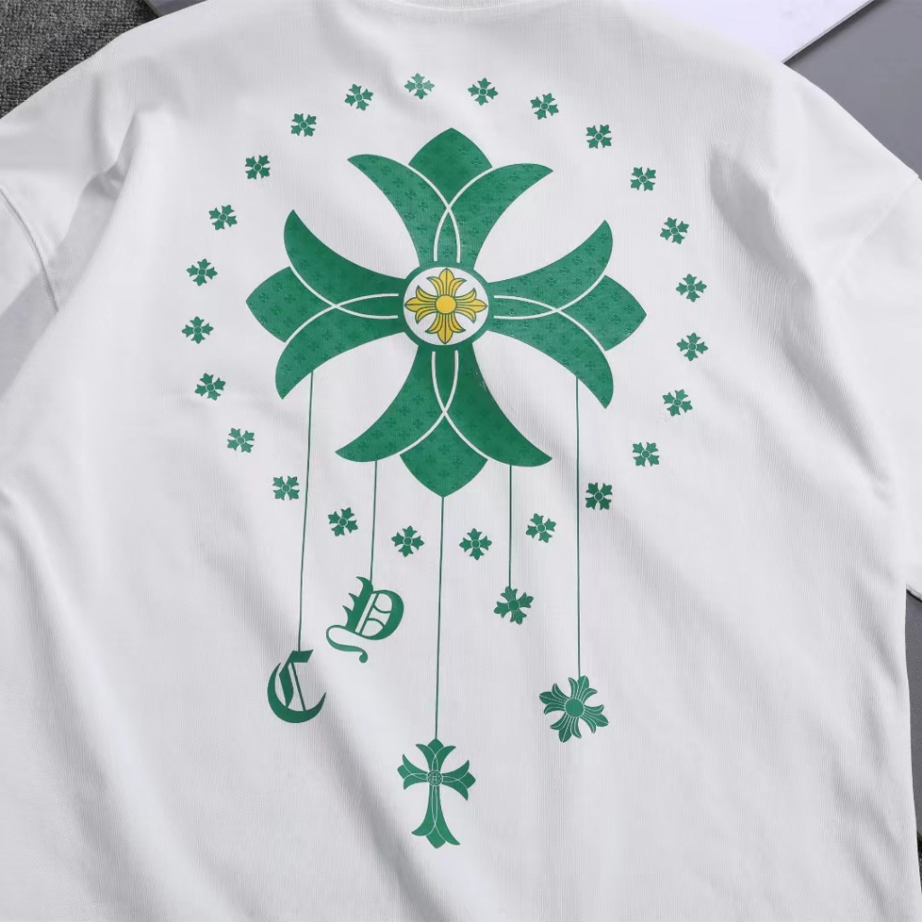 Áo Thun cotton Tay Ngắn Cổ Tròn Dáng Rộng In Chữ Chrome Hearts Màu Xanh Lá Thời Trang Thường Ngày Mới Cho Nam Và Nữ