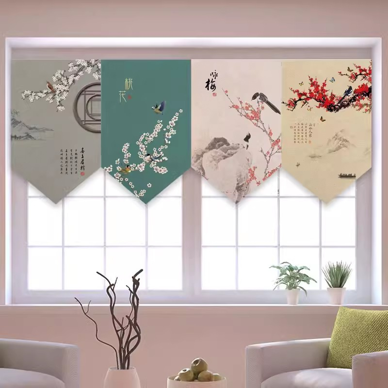 Rèm Treo Cửa Sổ Ngắn Hình Tam Giác In Họa Tiết Cờ Nhỏ Phong Cách Trung Hoa Cổ Điển Không Cần Khoan Lỗ Dùng Trang Trí Nhà Bếp