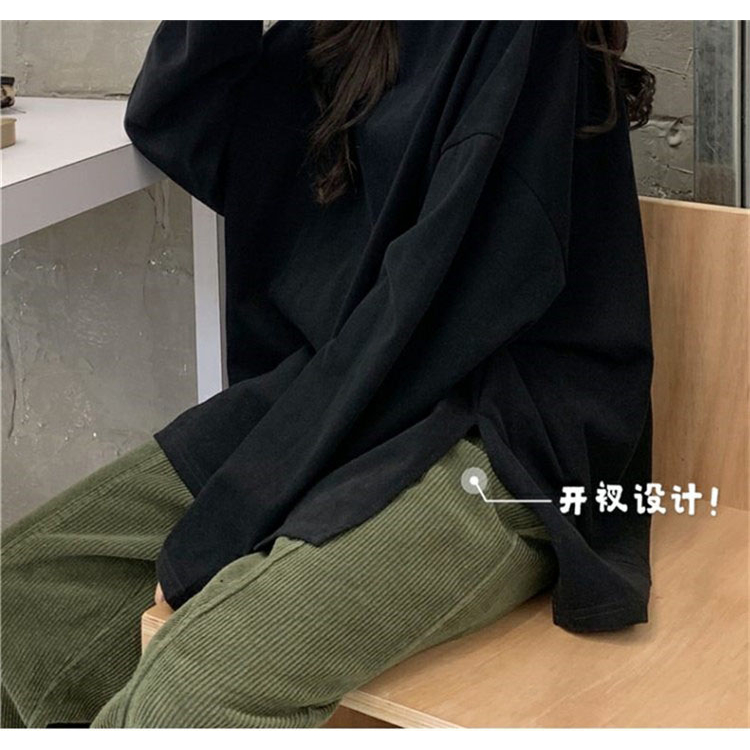 HANLU Áo Thun Nữ Dài Tay Xẻ Tà Màu Trơn Thời Trang