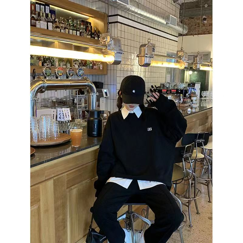 Áo sweater HANLU cổ tròn dáng rộng màu xám thời trang cho nữ