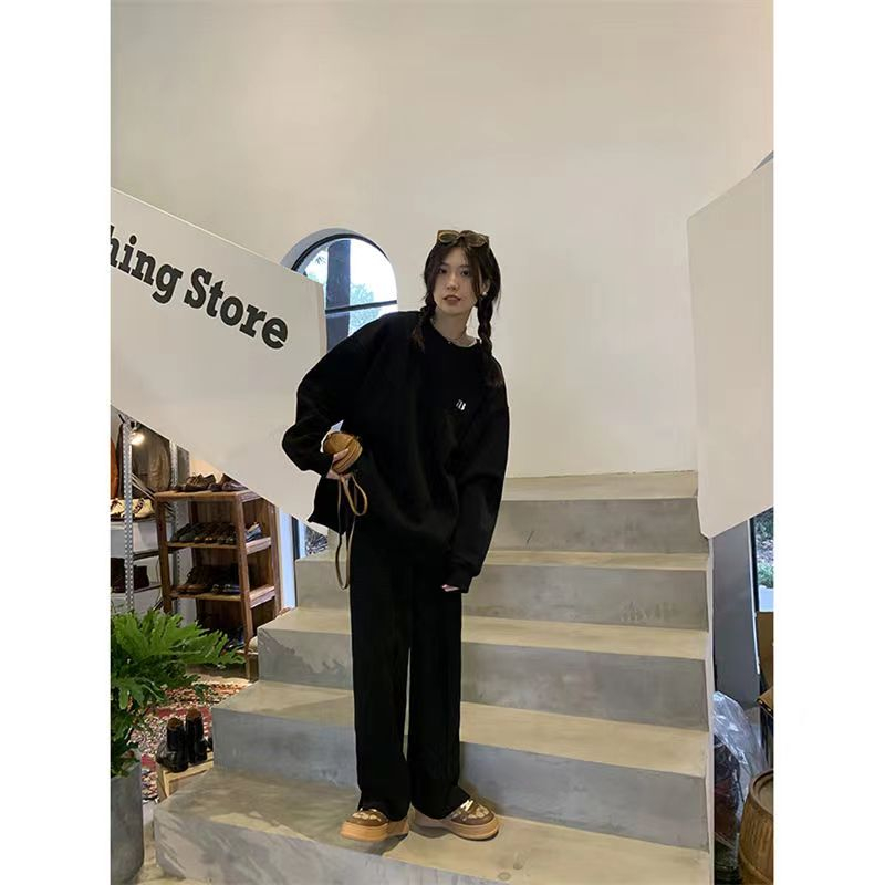 Áo sweater HANLU cổ tròn dáng rộng màu xám thời trang cho nữ