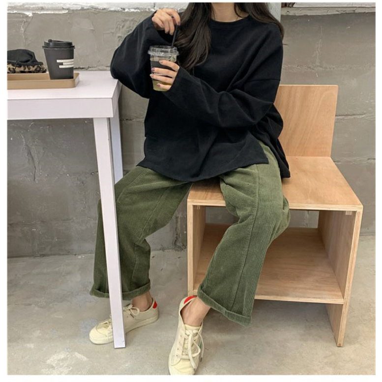 HANLU Áo Thun Nữ Dài Tay Xẻ Tà Màu Trơn Thời Trang