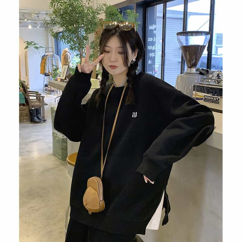 Áo sweater HANLU cổ tròn dáng rộng màu xám thời trang cho nữ