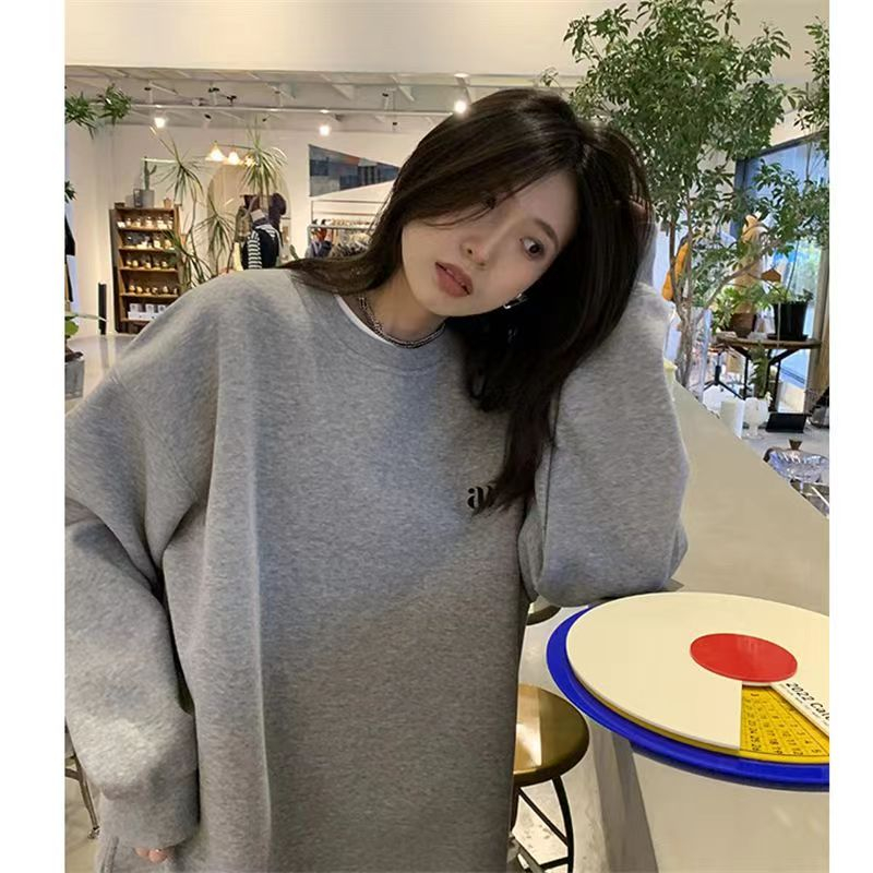Áo sweater HANLU cổ tròn dáng rộng màu xám thời trang cho nữ