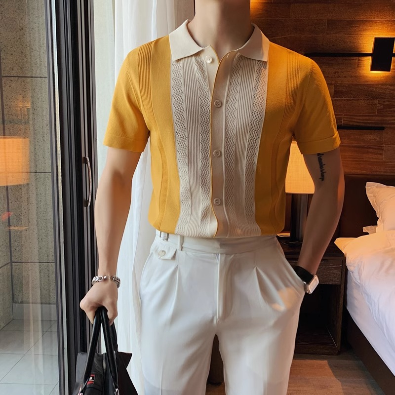 Áo Thun POLO Dệt Kim Tay Ngắn Dáng Ôm Màu Sắc Tương Phản Thời Trang Mùa Hè Thoáng Khí Cho Nam