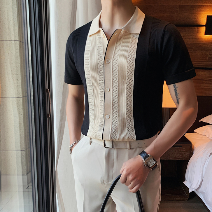 Áo Thun POLO Dệt Kim Tay Ngắn Dáng Ôm Màu Sắc Tương Phản Thời Trang Mùa Hè Thoáng Khí Cho Nam