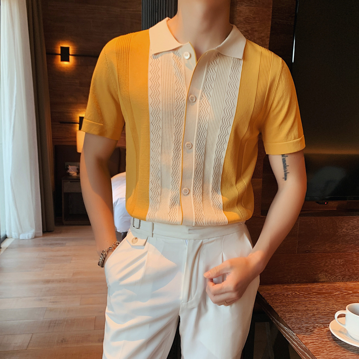 Áo Thun POLO Dệt Kim Tay Ngắn Dáng Ôm Màu Sắc Tương Phản Thời Trang Mùa Hè Thoáng Khí Cho Nam