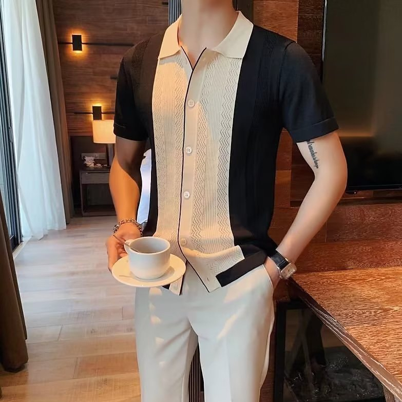 Áo Thun POLO Dệt Kim Tay Ngắn Dáng Ôm Màu Sắc Tương Phản Thời Trang Mùa Hè Thoáng Khí Cho Nam