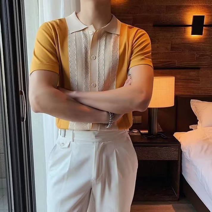 Áo Thun POLO Dệt Kim Tay Ngắn Dáng Ôm Màu Sắc Tương Phản Thời Trang Mùa Hè Thoáng Khí Cho Nam