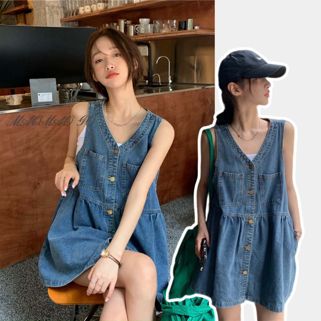Maomao GO Đầm Yếm Jean Chữ A Không Tay Màu Xanh Dương Quyến Rũ Cho Nữ
