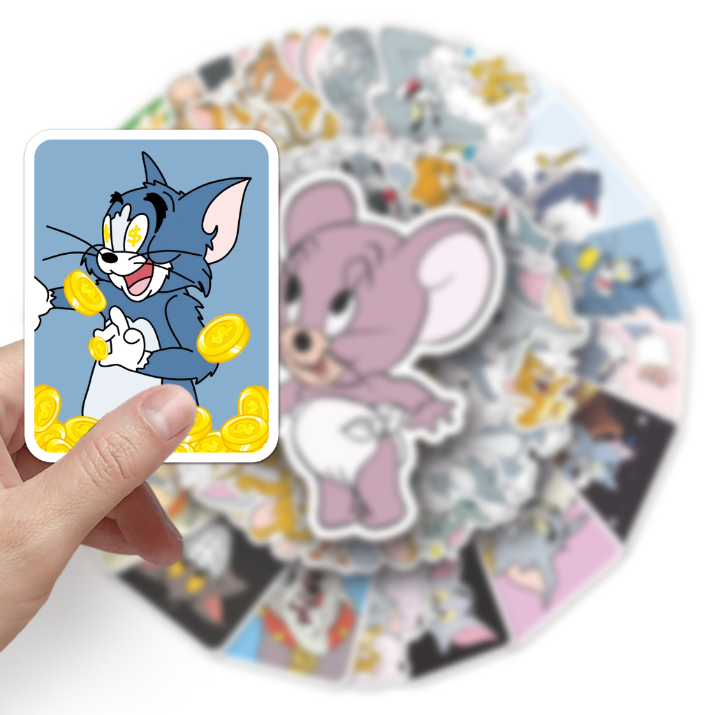 Bộ 50 Miếng Dán Trang Trí Xe Hơi Chống Thấm Nước Hình Tom Và Jerry Vui Nhộn