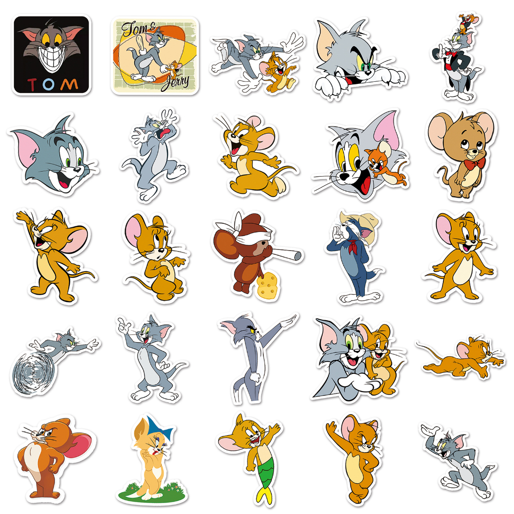 Bộ 50 Miếng Dán Trang Trí Xe Hơi Chống Thấm Nước Hình Tom Và Jerry Vui Nhộn