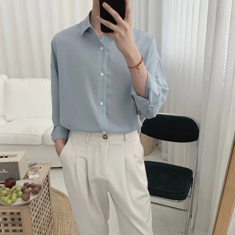 Áo Sơ Mi Tay Dài Màu Xanh Dương Nhạt Phong Cách Hàn Quốc Đơn Giản Thời Trang Xuân Thu Cho Nam