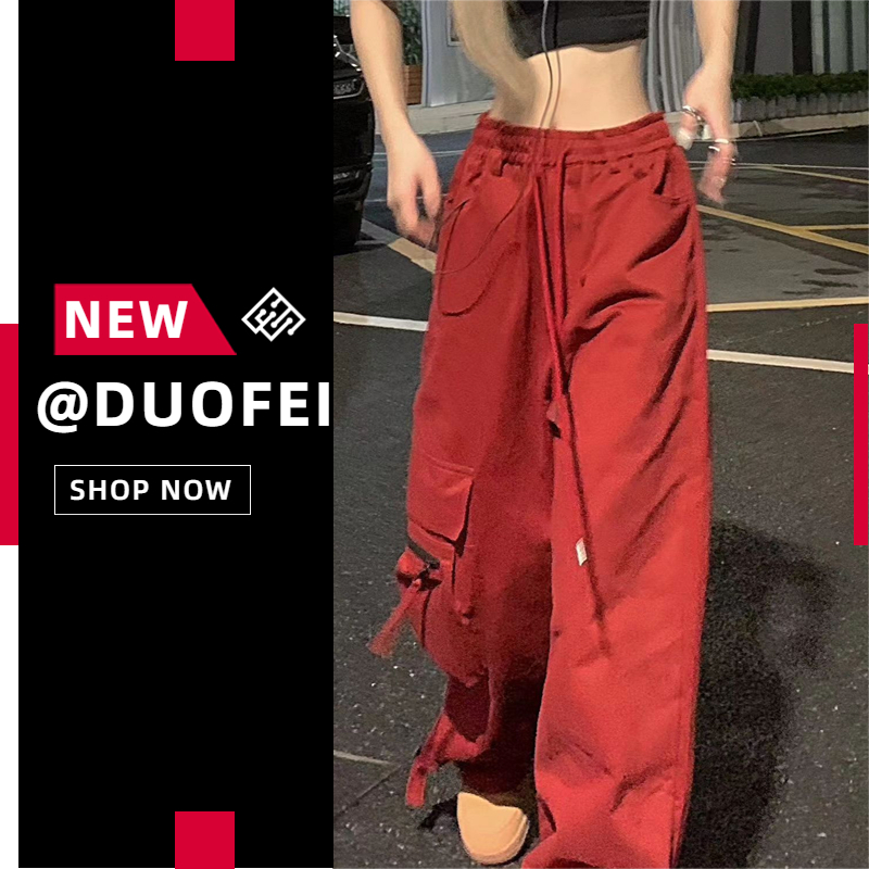 【S-3XL】Quần túi hộp quần Dài Lưng Cao Có Túi Lớn Phong Cách Hàn Quốc Mới Cho Nữ Quần màu đỏ Nam Cạp Chun Bo Gấu Phong Cách Jogger Trẻ Trung quần nữ ngầu