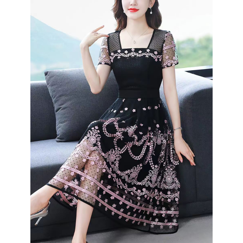 Đầm Dài Phối Lưới Tay Ngắn Thêu Hoa Thời Trang Mùa Hè Cao Cấp Cho Nữ