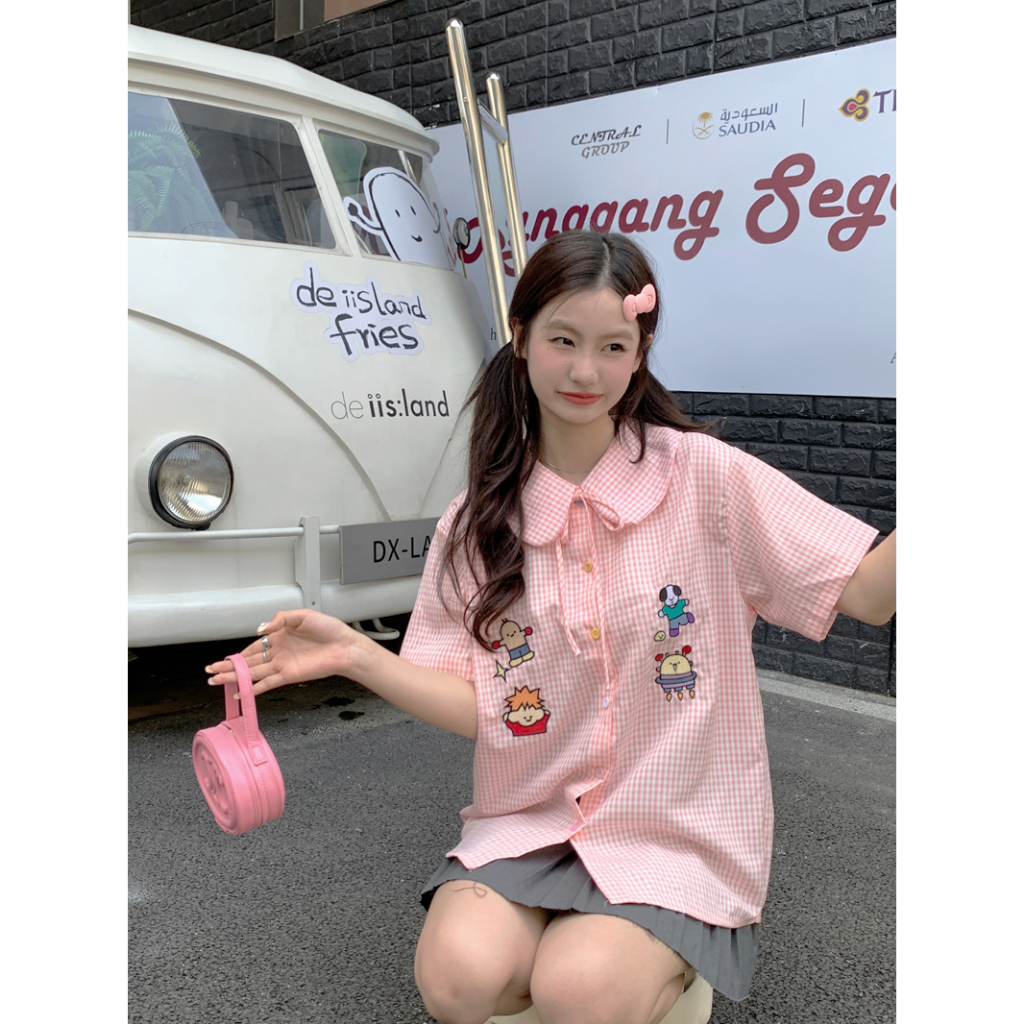 QOEDDV Áo Sơ Mi Tay Ngắn Cổ Búp Bê Họa Tiết Sọc Caro Thêu Họa Tiết Ngọt Ngào Thời Trang Mùa Hè Mới Cho Nữ