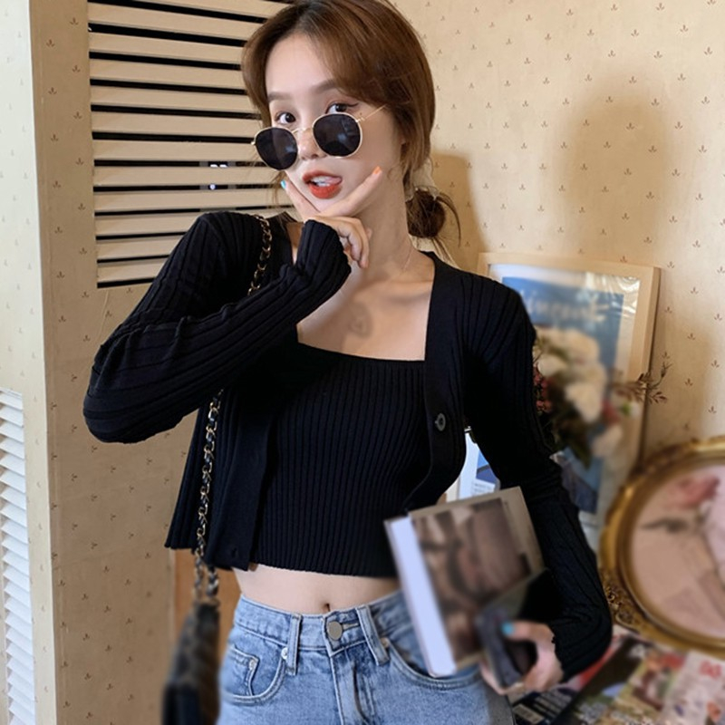 LANJIEXI Bộ trang phục hai mảnh gồm áo hai dây và áo khoác cardigan tay dài dệt kim màu trơn gợi cảm dành cho bạn nữ