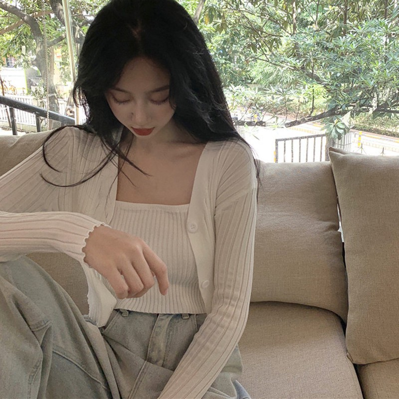 LANJIEXI Bộ trang phục hai mảnh gồm áo hai dây và áo khoác cardigan tay dài dệt kim màu trơn gợi cảm dành cho bạn nữ