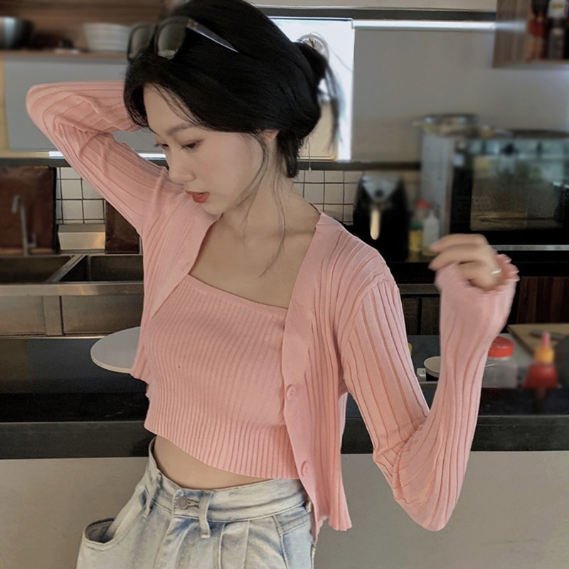 LANJIEXI Bộ trang phục hai mảnh gồm áo hai dây và áo khoác cardigan tay dài dệt kim màu trơn gợi cảm dành cho bạn nữ