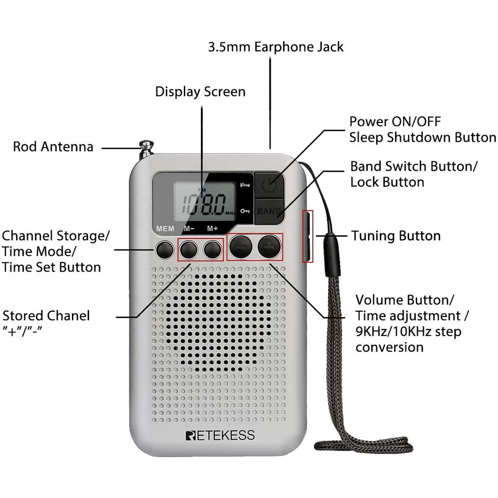 Radio Retekess Tr106 Fm Am Di Động Với Màn Hình Lcd Điều Chỉnh Kỹ Thuật Số Có Loa Giắc Cắm Tai Nghe Và Chức Năng Đồng Hồ