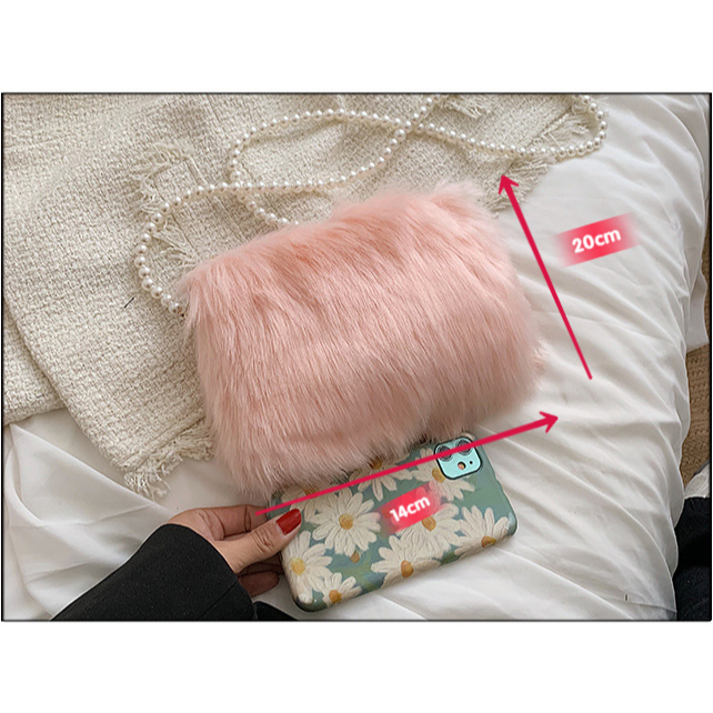 Túi đeo chéo hình vuông nhỏ phối lông dây xích đính ngọc trai giả thời trang thu đông mẫu mới cho nữ