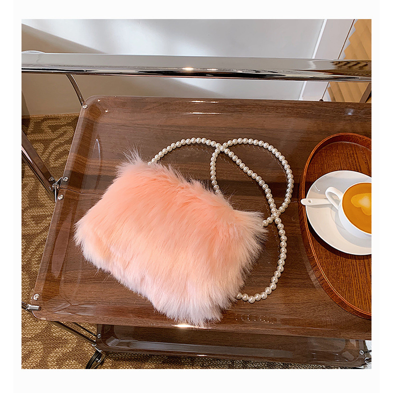 Túi đeo chéo hình vuông nhỏ phối lông dây xích đính ngọc trai giả thời trang thu đông mẫu mới cho nữ