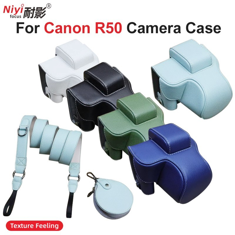 Ốp Lưng Máy Ảnh Túi Da PU Vỏ Bảo Vệ Cho Canon EOS R50 RP M10 Có Chân Máy Vít Mông Mở Dây Đeo Vai Túi