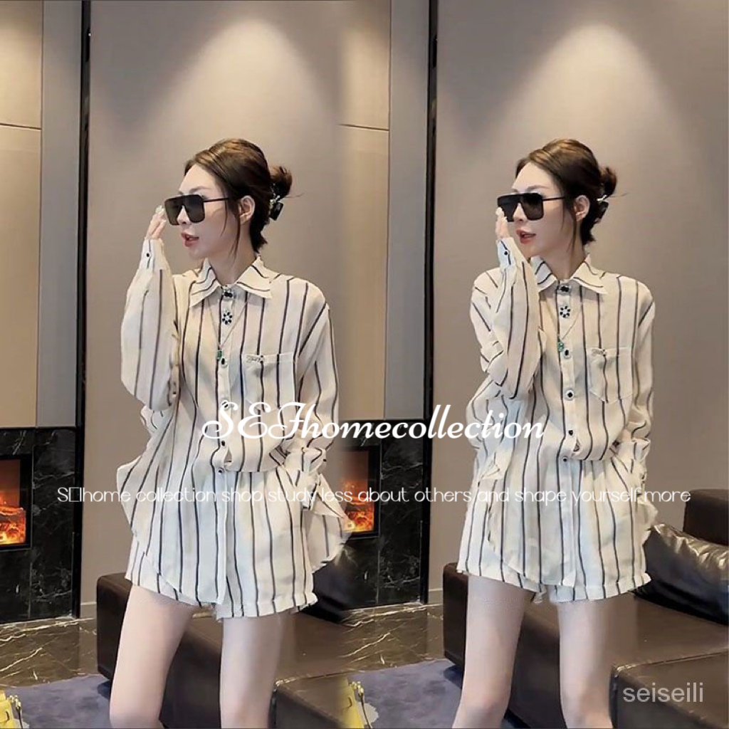 Single/sunscreen suit women's superior temperament striped shirt summer new casual slimming shorts light two-piece suit