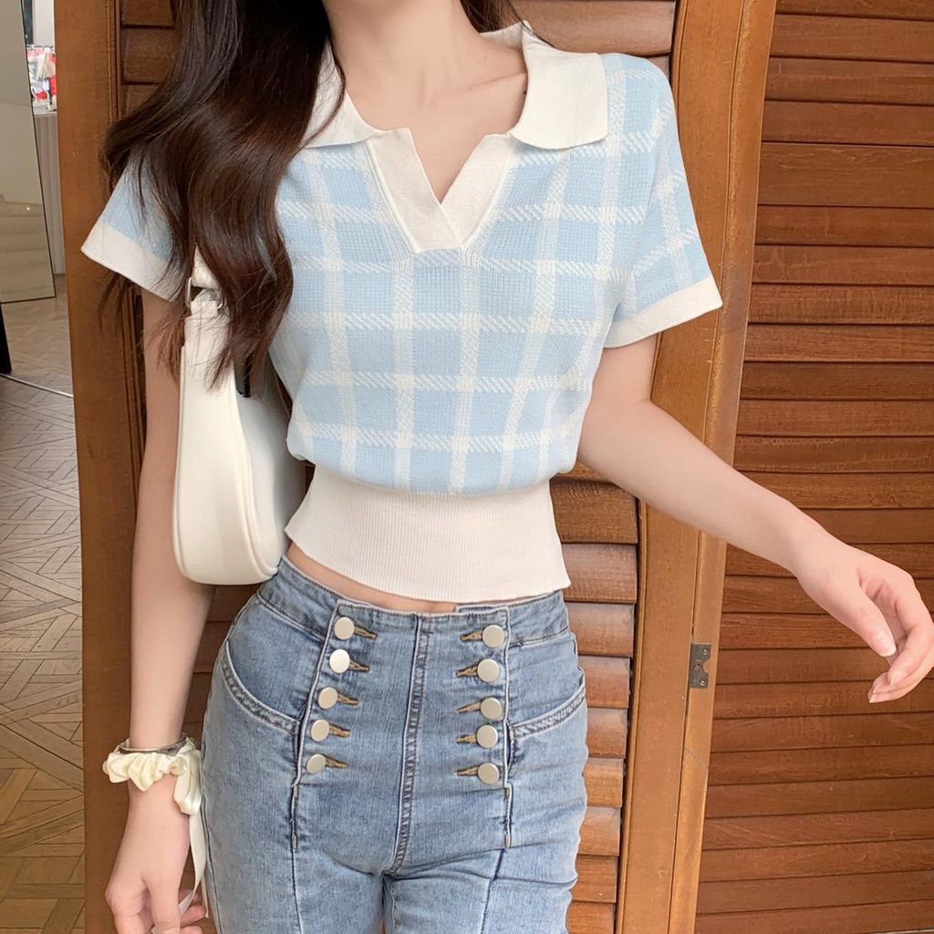 Áo polo Dệt Kim Tay Ngắn Eo Cao Thời Trang Mùa Hè Xinh Xắn Cho Nữ
