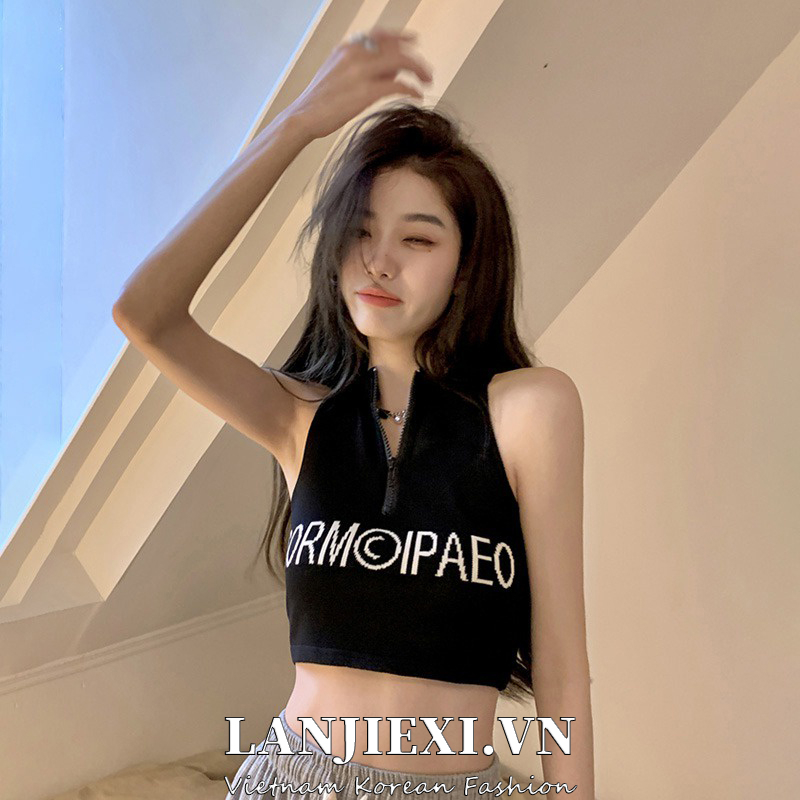 LANJIEXI Áo Croptop Dệt Kim Không Tay Dáng Ôm In Chữ Phối Khóa Kéo Kiểu Hàn Quốc Thời Trang Mùa Hè Cho Nữ