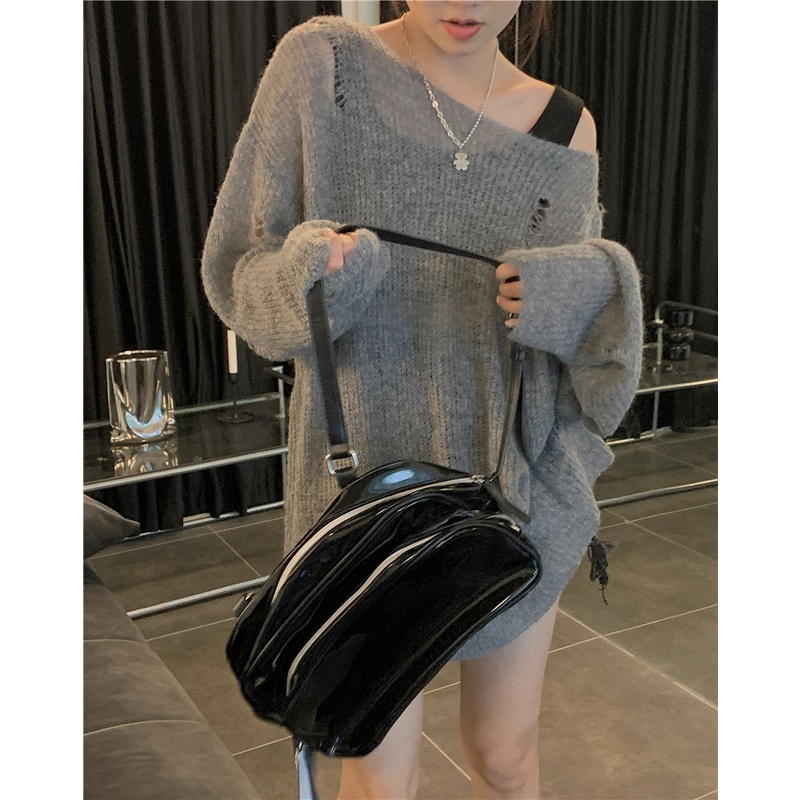 Áo sweater Dệt Kim Tay Dài Chống Nắng Dáng Rộng Thiết Kế Rách Thời Trang Mùa Thu Cho Nữ