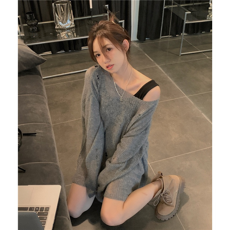 Áo sweater Dệt Kim Tay Dài Chống Nắng Dáng Rộng Thiết Kế Rách Thời Trang Mùa Thu Cho Nữ