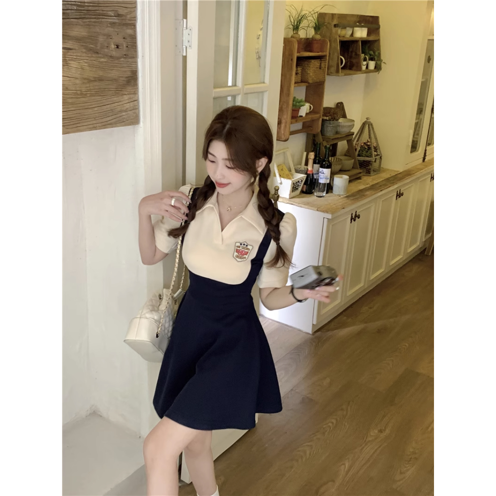 Minimalist Labo Đầm polo Dáng Chữ a Màu Sắc Tương Phản Phong Cách retro Dành Cho Nữ