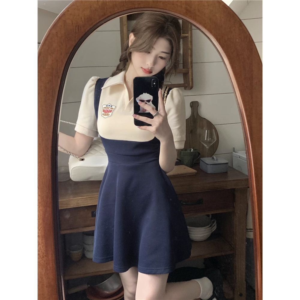 Minimalist Labo Đầm polo Dáng Chữ a Màu Sắc Tương Phản Phong Cách retro Dành Cho Nữ