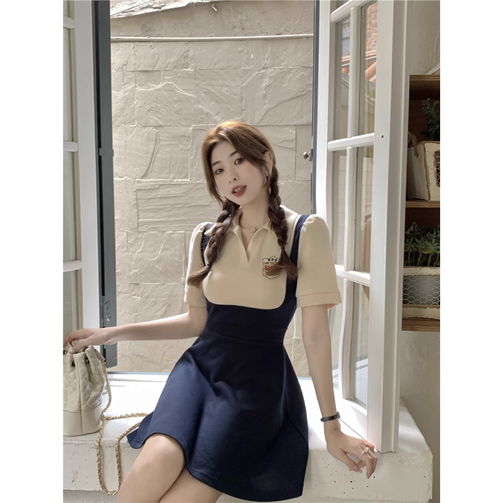 Minimalist Labo Đầm polo Dáng Chữ a Màu Sắc Tương Phản Phong Cách retro Dành Cho Nữ