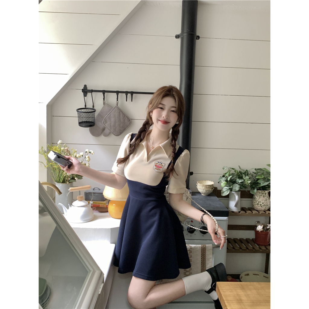 Minimalist Labo Đầm polo Dáng Chữ a Màu Sắc Tương Phản Phong Cách retro Dành Cho Nữ