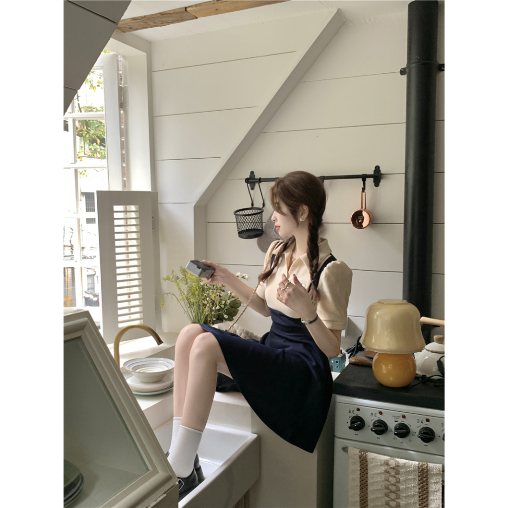 Minimalist Labo Đầm polo Dáng Chữ a Màu Sắc Tương Phản Phong Cách retro Dành Cho Nữ