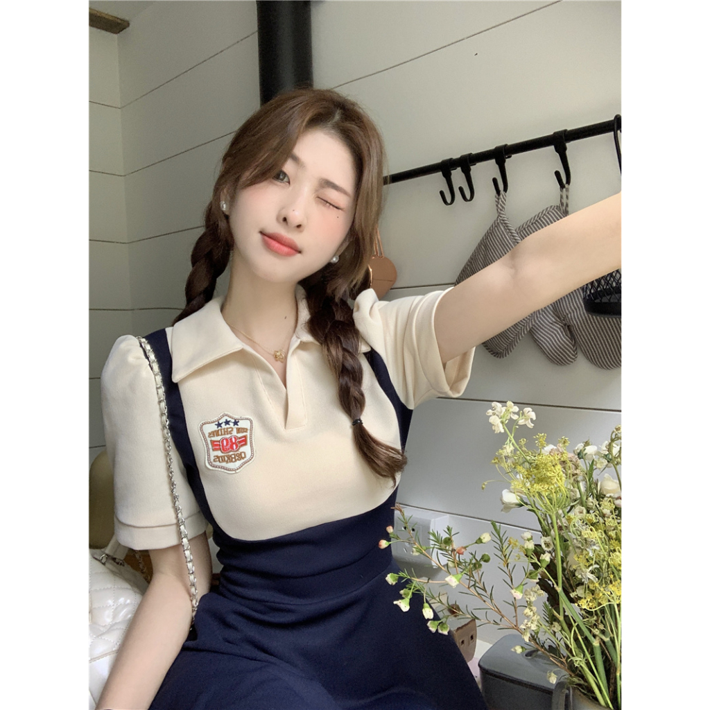 Minimalist Labo Đầm polo Dáng Chữ a Màu Sắc Tương Phản Phong Cách retro Dành Cho Nữ