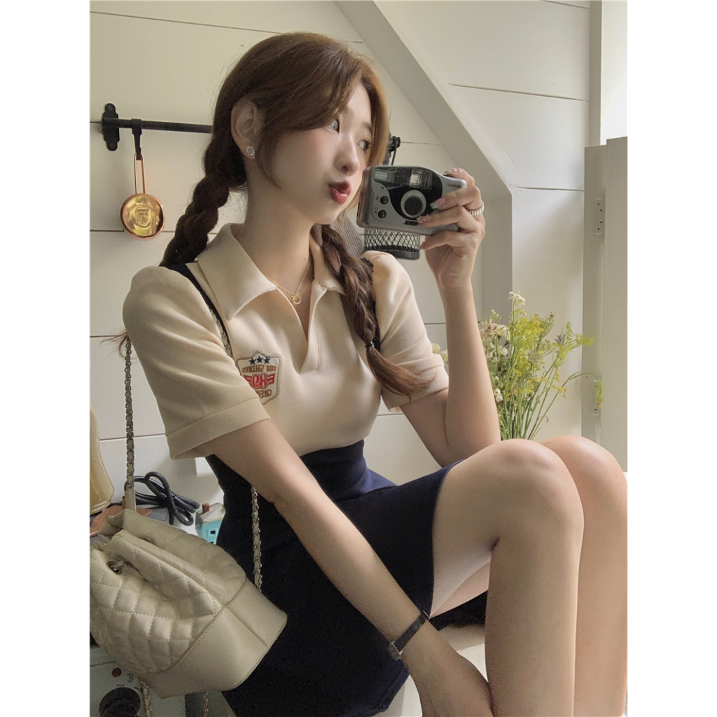 Minimalist Labo Đầm polo Dáng Chữ a Màu Sắc Tương Phản Phong Cách retro Dành Cho Nữ