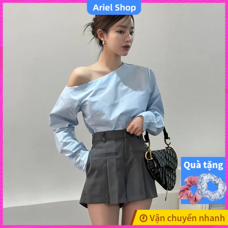 Set Áo Kiểu Tay Dài Lệch Vai + Quần Short Lưng Cao Ống Rộng Thời Trang Hàn Quốc Cho Nữ