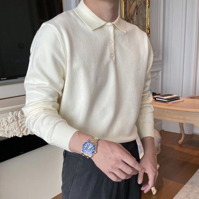 Áo polo Dệt Kim Tay Dài Màu Sắc Đơn Giản Phong Cách Hàn Quốc Cho Nam Size M-3xl
