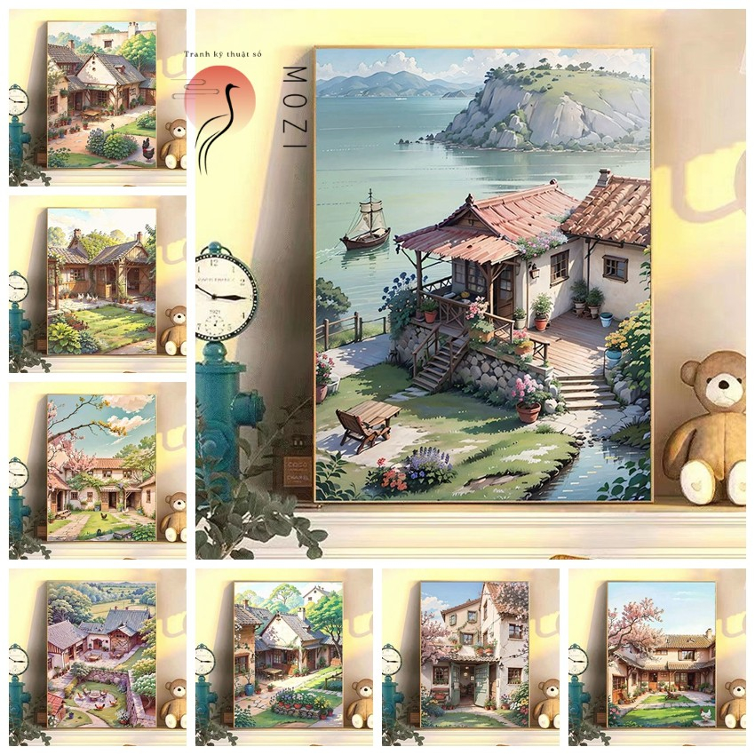 MOZI✨sân cổ điển40*50cm tranh tô màu theo số tranh tô màu số hoá tranh sơn dầu số  tranh số hóa gam sơn acrylic  Tranh tô số hoá sơn theo sốTranh Sơn Dầu Phong Cách Đồng Quê Retro Tự Làm Thủ Công