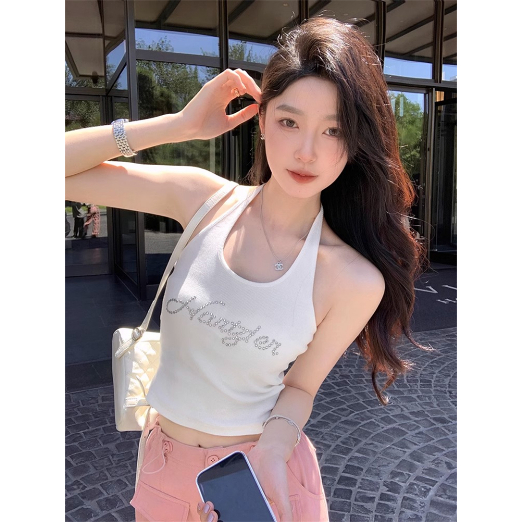 Áo Tank Top Dệt Kim Cổ Treo Kiểu Retro Mỹ Xinh Xắn Cho Nữ