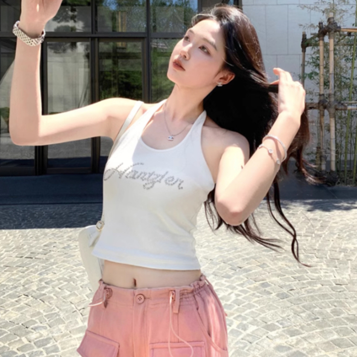 Áo Tank Top Dệt Kim Cổ Treo Kiểu Retro Mỹ Xinh Xắn Cho Nữ