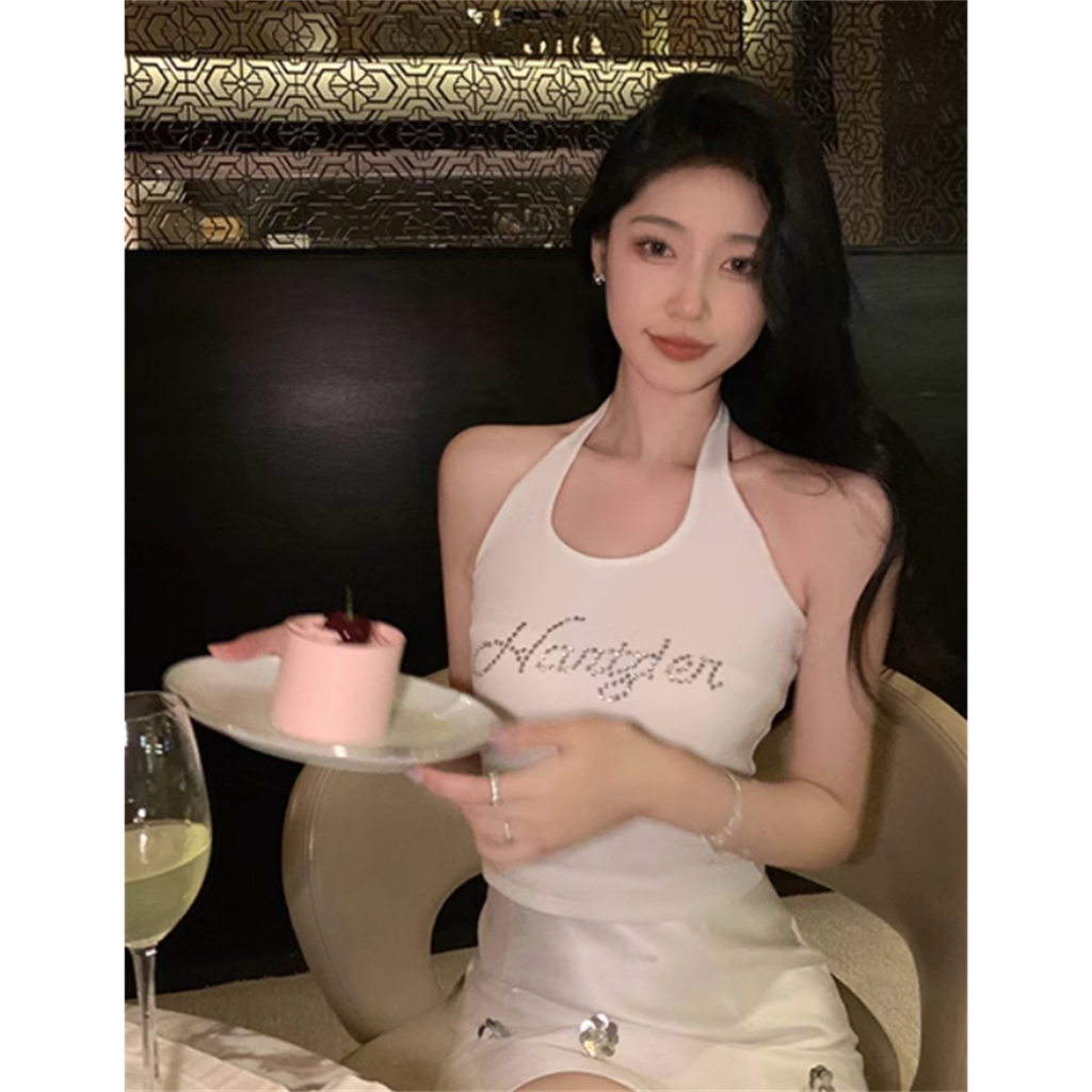 Áo Tank Top Dệt Kim Cổ Treo Kiểu Retro Mỹ Xinh Xắn Cho Nữ