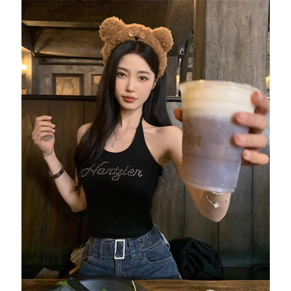 Áo Tank Top Dệt Kim Cổ Treo Kiểu Retro Mỹ Xinh Xắn Cho Nữ