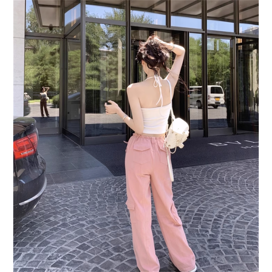 Áo Tank Top Dệt Kim Cổ Treo Kiểu Retro Mỹ Xinh Xắn Cho Nữ