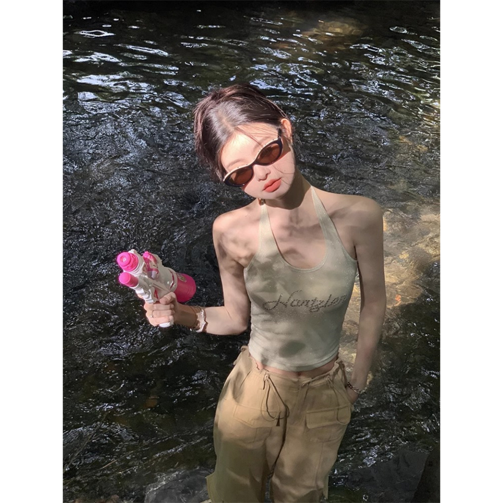 Áo Tank Top Dệt Kim Cổ Treo Kiểu Retro Mỹ Xinh Xắn Cho Nữ