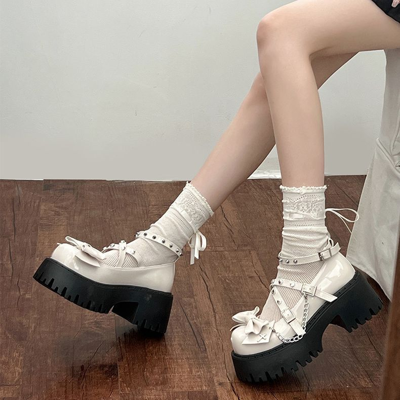 Giày Đế Dày 7CM Màu Trắng / Đen Phong Cách Lolita Hàn Quốc 2023 Cho Nữ