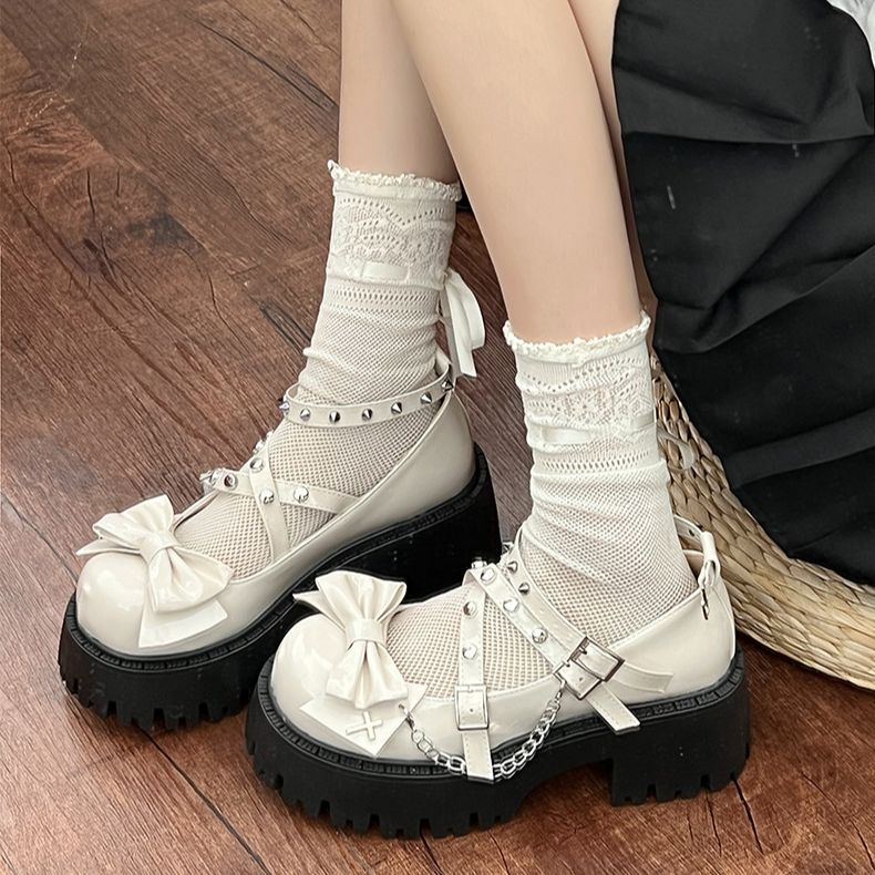Giày Đế Dày 7CM Màu Trắng / Đen Phong Cách Lolita Hàn Quốc 2023 Cho Nữ